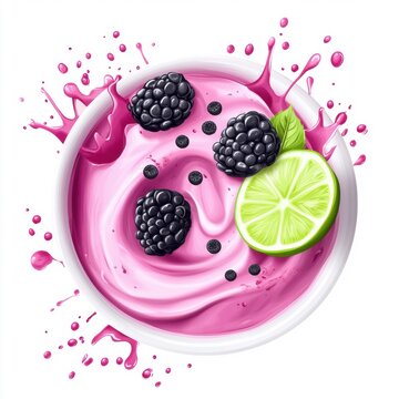 Delicious pink yogurt swirled with blackberries and lime, vibrant splashes enhancing its freshness.