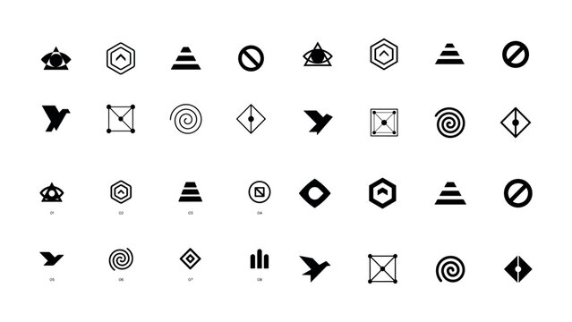 Minimalist geometric logo collection showcasing abstract shapes symbols pyramids spirals grid patterns and eye motifs in solid black on transparent backdrop.