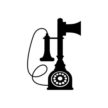Retro phone with receiver on wires isolated monochrome silhouette. Vector vintage telephone with dial