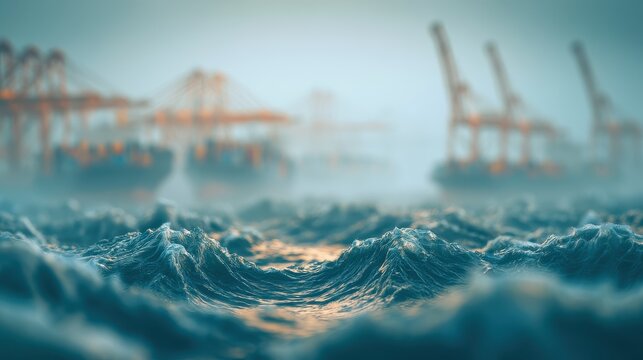 Ocean cargo transport maritime infrastructure supply chain resilience concept close up logistics optimization port efficiency selective focus ethereal Blend mode deep sea horizon backdrop. 