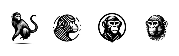Set of four black and white monkey illustrations and logo icons. © hid