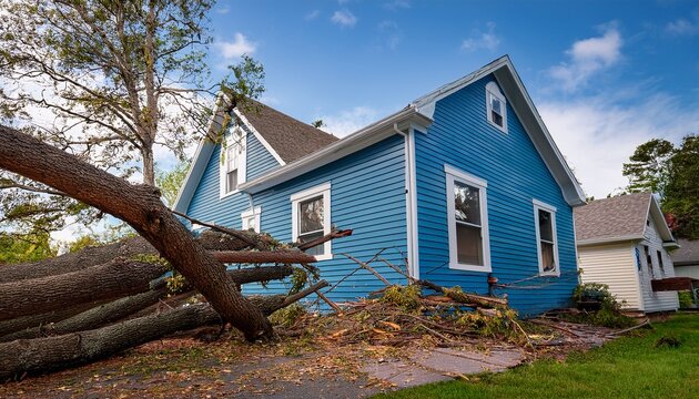 aftermath of storm damage to blue house with fallen tree and roof damage close up view