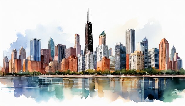 a detailed watercolor painting of the chicago skyline against a white background depict the diversity of architectural styles that define chicago s unique skyline