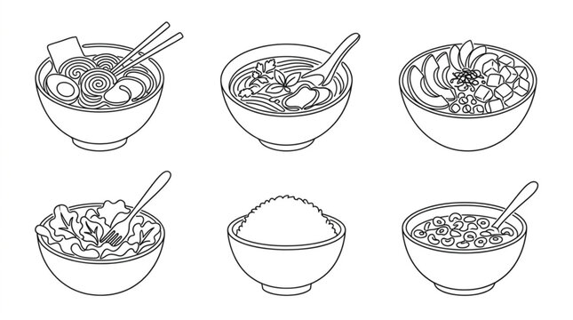  Asian food bowl continuous line art vector set featuring ramen pho poke and salad bowl characters with chopsticks and spoons