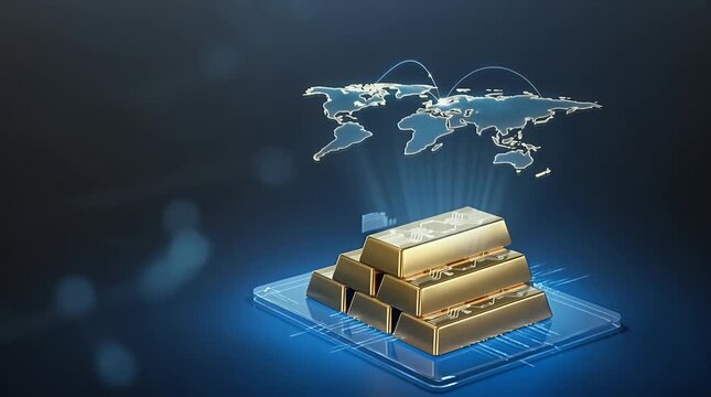 Futuristic Gold Bars Hologram Displaying Global Connections
