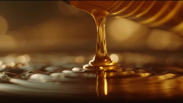 Macro Video of Thick Golden Honey Dripping and Rippling