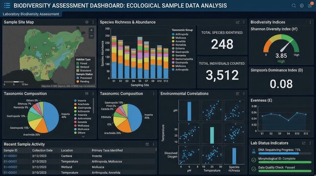 Ecological laboratory dashboard displaying detailed biological sample analysis data metrics.