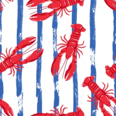 Red lobster seamless pattern on blue striped background. Vector watercolor marine seafood background, print design © Qualit Design