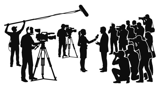 Silhouette of a reporter interviewing a person surrounded by a crowd of cameramen and photographers.