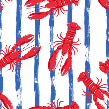 Red lobster seamless pattern on blue striped background. Vector watercolor marine seafood background, print design