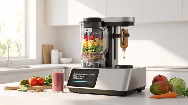 Modern smart blender with fresh fruits and vegetables on a kitchen countertop.