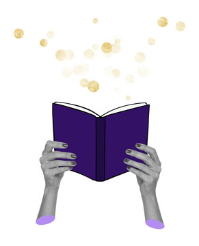 Hands holding open purple magic book with golden fairy dust in hand drawn collage style. Concept of whimsical reading, fantasy, imagination, wonder, and creative learning