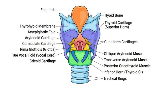 Detailed posterior view illustration of human larynx anatomy labeled with medical components.