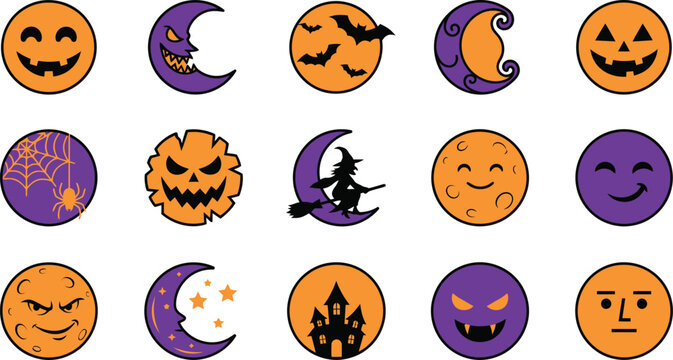 Set of cute halloween round icons featuring pumpkins moons ghosts bats spiders witch silhouette haunted mansion and vampire faces for holiday seasonal graphic design projects 