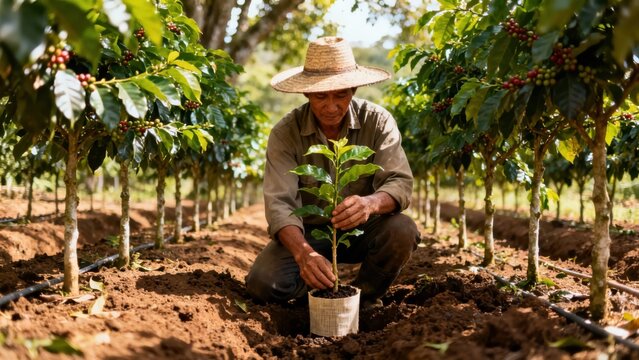 Man wearing straw hat plants small coffee tree seedling in rich brown earth between rows of mature coffee plants bearing red cherries.