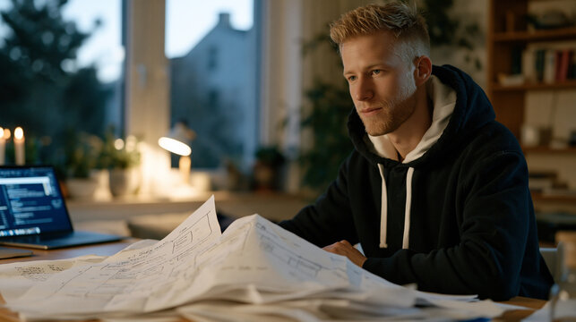 An encrypted messaging application developer reviews end-to-end protocol architecture diagrams spread across a standing desk in a modest home office converted from a spare bedroom while a secure com