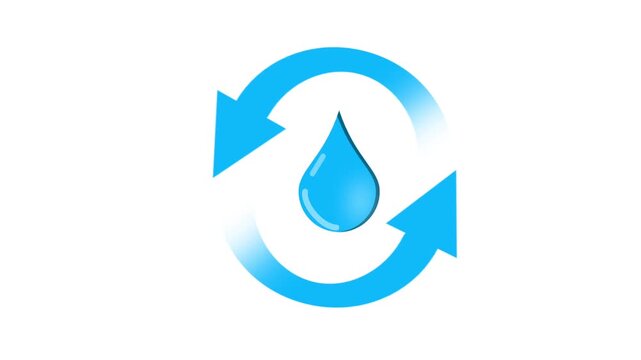Clean animation of a blue water droplet surrounded by rotating recycling arrows indicating environmental sustainability isolated on a white background.