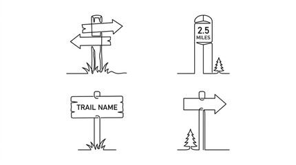 Naklejka premium Outdoor hiking signpost continuous line art vector set with wooden directional trail markers for camping and nature travel design