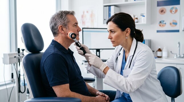 Female dermatologist carefully examines a facial mole using a dermatoscope during a clinical appointment. Early skin cancer screening improves the chances of successful melanoma treatment