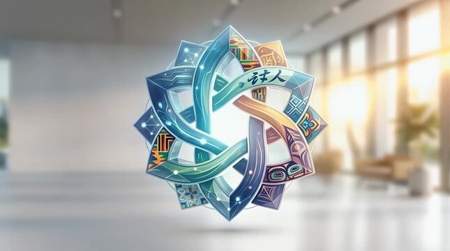 Glowing Holographic Icon Assembling in Modern Office Environment
