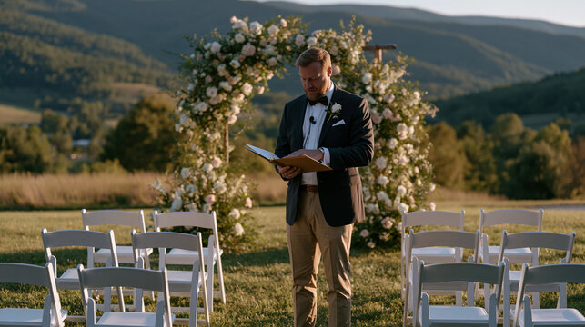 Officiant adjusting a small lapel microphone before the ceremony begins at an intimate outdoor micro wedding, eight folding chairs arranged in two rows on a grass lawn, a handmade arch behind and ro