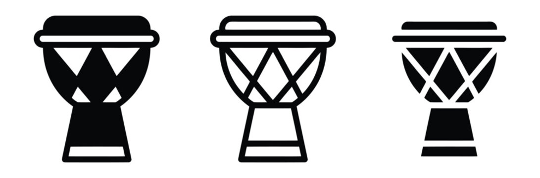 African djembe drum vector icon set. Traditional bongo percussion musical instrument, ethnic tribal folk music festival symbol, and acoustic rhythm beat line art illustration.