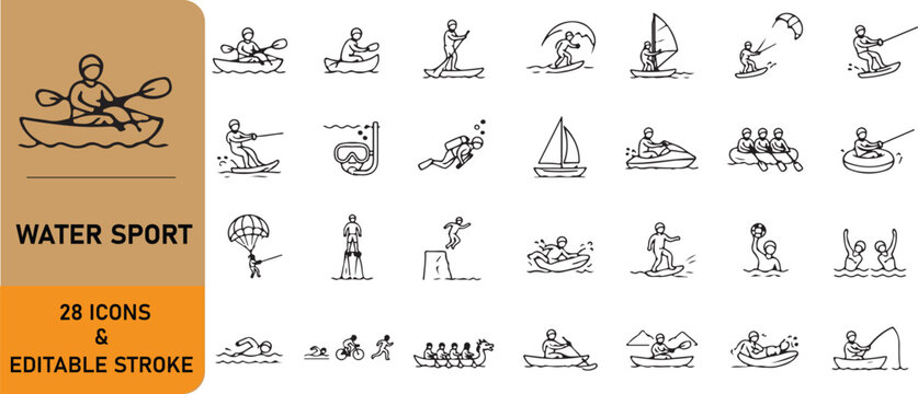 A set of 28 water sport line icons