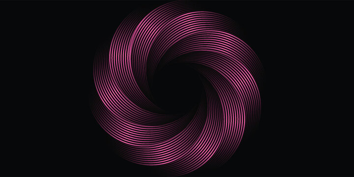 Abstract black background with a glowing pink spiral vortex of swirling geometric lines. Modern futuristic backdrop design for panoramic banners and digital headers.