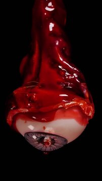 Vertical video. Macro Close Up of a Hanging Eyeball Prop Covered With Fake Blood on a Black Background. Halloween Horror and Special Effects
