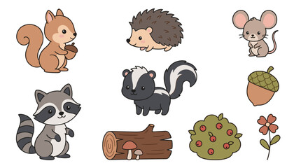 Obraz premium Set of cute vector animals including squirrel, hedgehog, mouse, skunk, raccoon, with forest elements like acorn, log, mushroom, bush, and flower