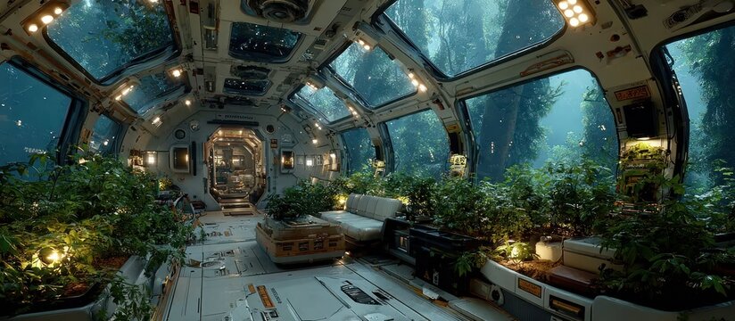 Interior view of a biodome spaceship, lush vegetation, exterior trees