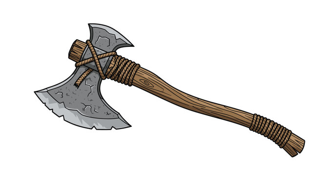 Detailed hand-drawn illustration of a primitive stone double-headed battle axe featuring a weathered wooden handle and tight rope binding.