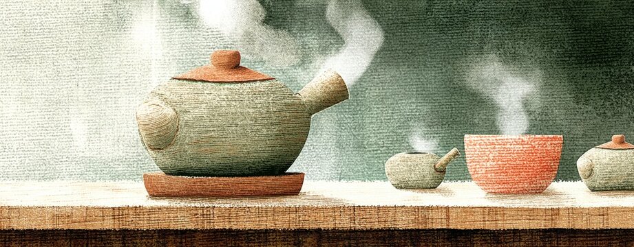 Cute Tea Party Wallpaper Wooden Teapot and Tea Accessories on Rustic Table with Steam Rising in Cozy Home Setting a magical fairy tea party minimalist cute tea party wallpaper