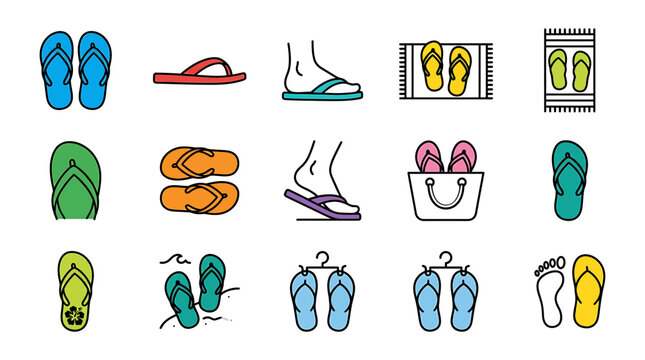 A colorful line art illustration of various flip flops and sandals on a white background