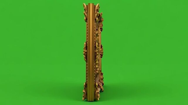 Ornate golden baroque frame isolated on a green screen background