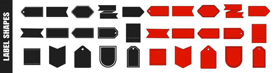 Set of blank label shapes with stitch outlines. Various tag and ribbon vector badges. © Alla