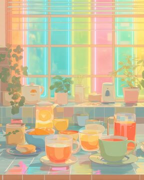 Cute Tea Party Wallpaper Bright and Calm Kitchen Scene with Potted Plants, Glassware, and a Neon Rainbow Backdrop a magical fairy tea party minimalist cute tea party wallpaper