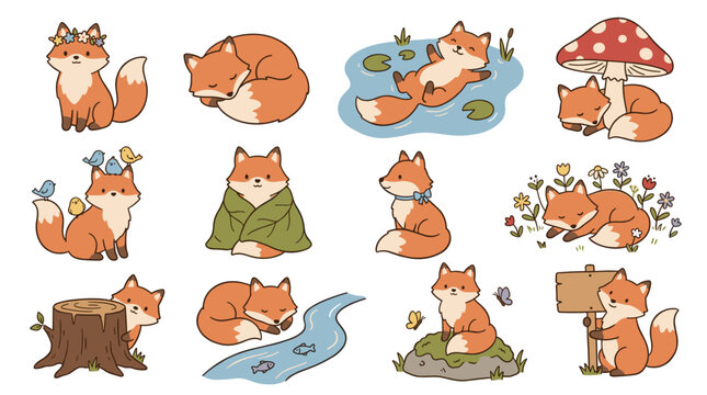 Collection of adorable vector art foxes in various whimsical poses and natural settings, including playful interactions with butterflies and a