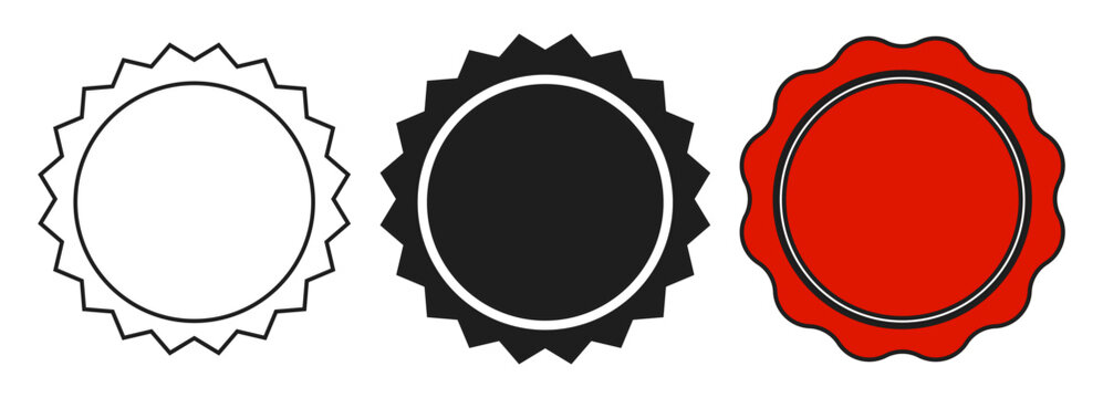 Set of blank badges and labels with various edge styles. Vector shapes on white background.