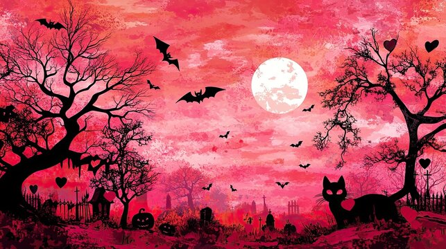 Silhouette of black cat in spooky pink forest scene