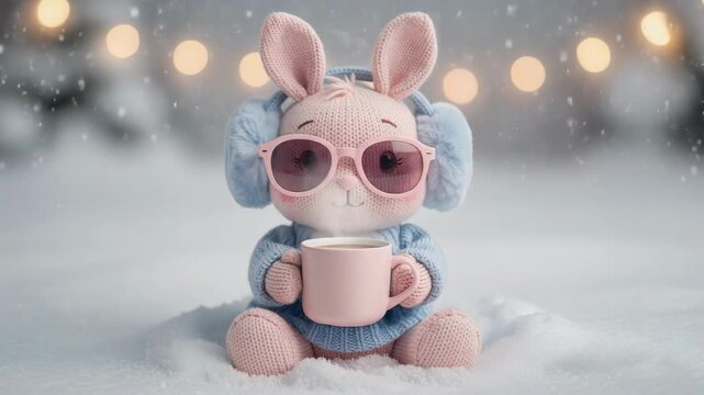 Cozy knitted bunny in blue earmuffs and pink sunglasses enjoys coffee in snowy winter setting, radiating warmth and joy
