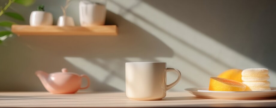 Cute Tea Party Wallpaper Minimalist Still Life with Coffee Mug Fresh Fruit and Teapot on Light Wooden Surface with Sunlit Shadows a magical fairy tea party minimalist cute tea party wallpaper