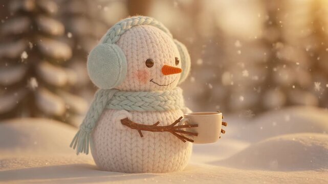 Cozy knitted snowman with earmuffs and scarf holds steaming cup in snowy forest, evoking warmth and joy during winter season