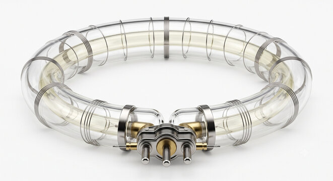 Macro of a transparent glass circular studio strobe flash tube featuring delicate wire wraps and metallic mounting pins.