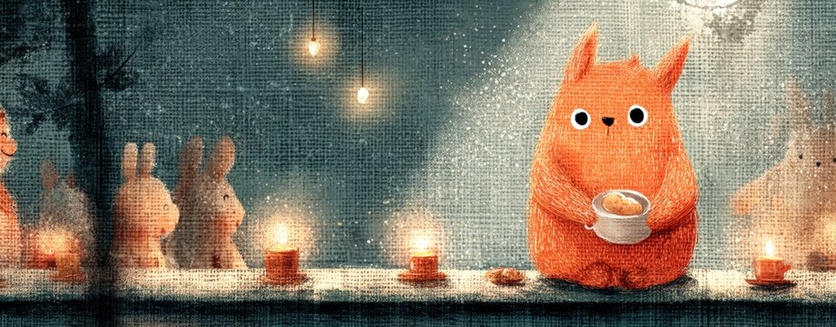 Cute Tea Party Wallpaper Cute orange animal character with large eyes holding a bowl of cereal in a cozy dark forest scene with rabbits and hanging lights a magical fairy tea party