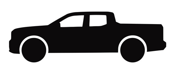 Pickup truck silhouette side view icon. Simple black silhouette of a pickup truck vehicle side view icon. Vector illustration of vintage pickup truck silhouette icon on a transparent background. © ontor