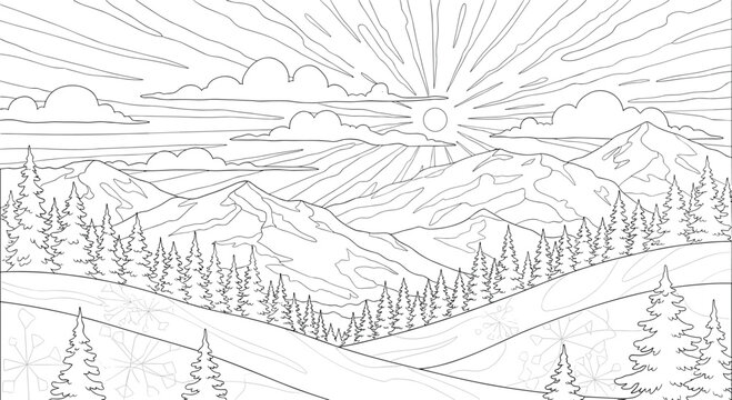 Serene black and white line-art landscape of a mountain range and pine forests under a bright rising sun with rays for coloring books.