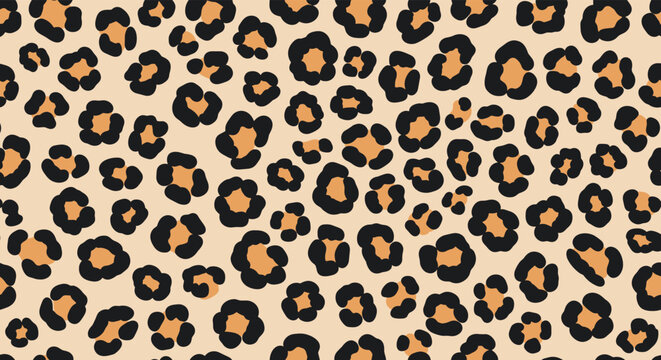 Stylish and seamless leopard print pattern featuring classic black and orange spots on a neutral beige background for fashion and textile.