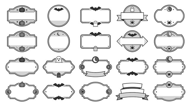Set of decorative frames and labels with retro pixel art style, ornate borders and blank space for text, vintage ornamental elements