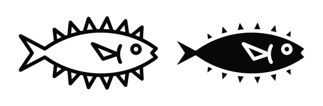 Spiky pufferfish and blowfish vector icon set. Poisonous fugu fish, marine wildlife, exotic sea animal, and dangerous underwater creature silhouette symbol.